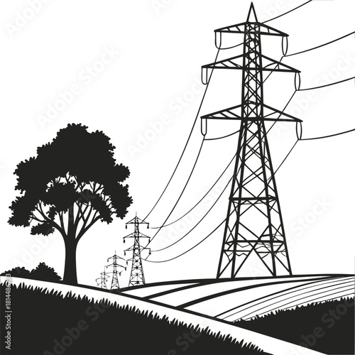 High voltage power transmission towers in black and white, electric pylons silhouette, energy infrastructure, electricity supply eps10