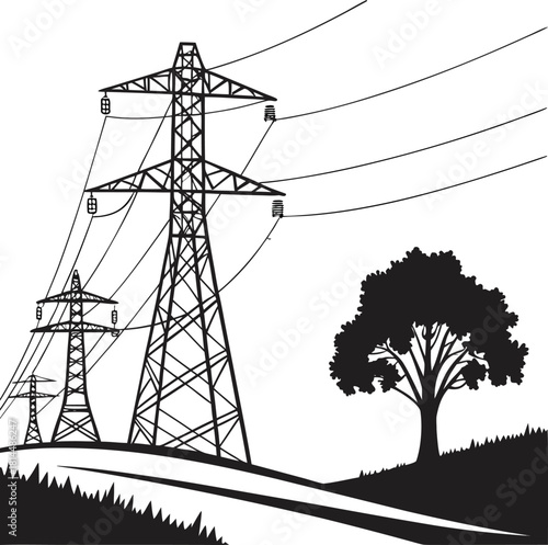 High voltage power transmission towers in black and white, electric pylons silhouette, energy infrastructure, electricity supply eps10