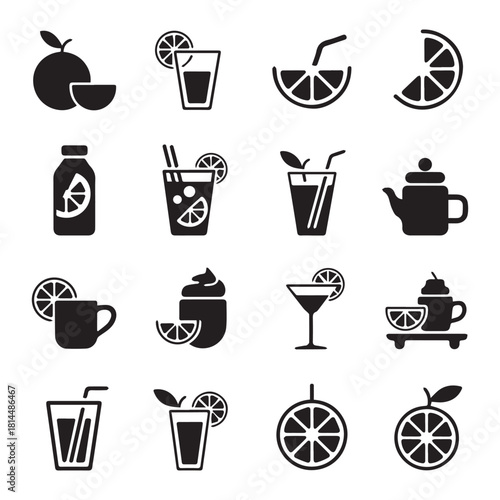 Black vector icons set featuring food and drink symbols like coffee cups, wine glasses, beer mugs, cocktails, and restaurant signs