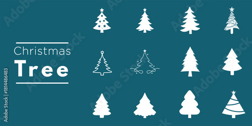 Christmas Tree Hand Drawn Line Art Vector Set - Festive Holiday Pine Sketch Doodle Outline Icon Collection, Winter Xmas Blue White Elegant Minimalist Design Template for Greeting Card Illustration