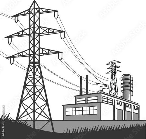 High voltage power transmission towers in black and white, electric pylons silhouette, energy infrastructure, electricity supply eps10