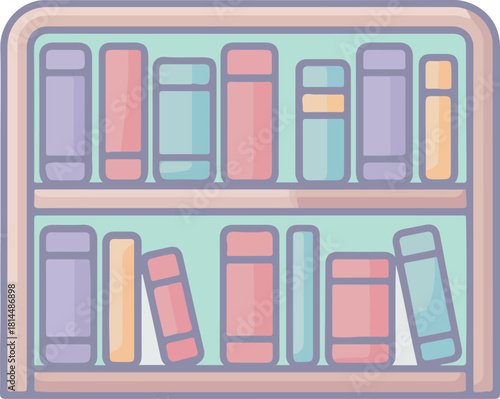 Bookshelf vector illustration filled with multiple colorful books neatly and loosely arranged on shelves
