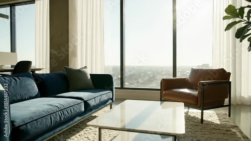 A modern living area is bathed in sunlight, revealing a blue sofa, leather armchair, and coffee table against a city view. A tall plant adds a natural touch