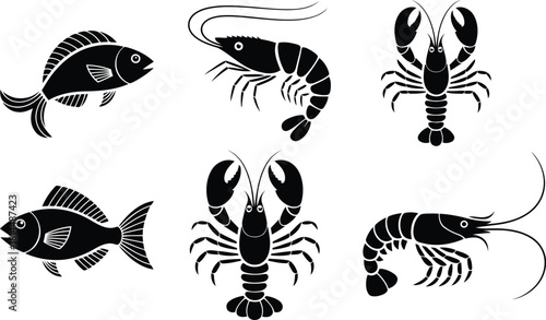 Seafood vector icons set: fish, shrimp, and lobster silhouettes