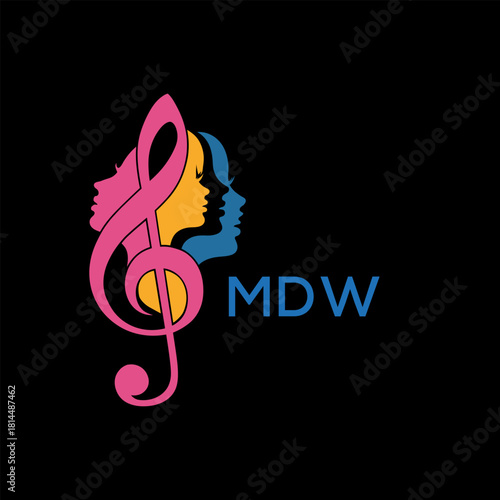 Creative Feminine Music Logo with Treble Clef and Colorful Female Silhouettes – MDW  Later Logo, Beauty and Art Concept
