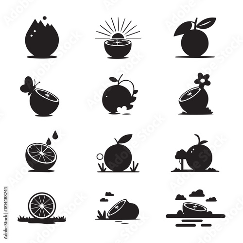 Vector illustration of a set of fruit and vegetable silhouette icons for vegetarian food design