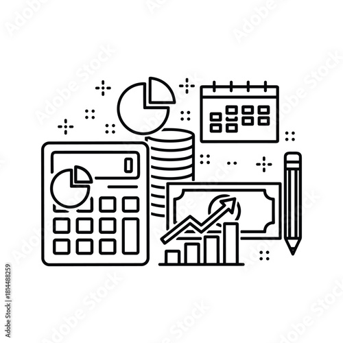 Financial accounting concept with calculator, money, chart, and calendar