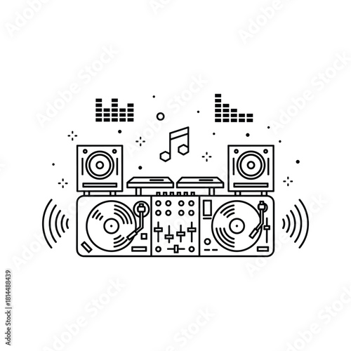 Line art icon of a dj turntable mixer setup with speakers isolated on