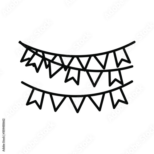 Black and white line art icon of two hanging bunting flags isolated on