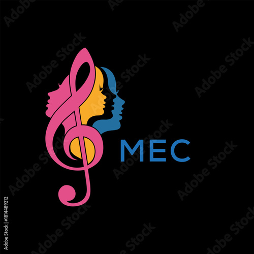 Creative Feminine Music Logo with Treble Clef and Colorful Female Silhouettes – MEC  Later Logo, Beauty and Art Concept
