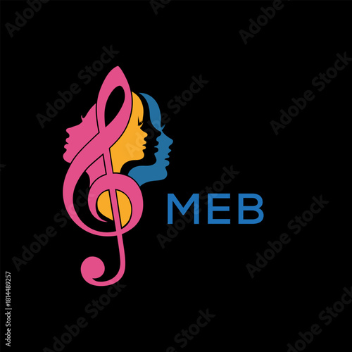 Creative Feminine Music Logo with Treble Clef and Colorful Female Silhouettes – MEB  Later Logo, Beauty and Art Concept

