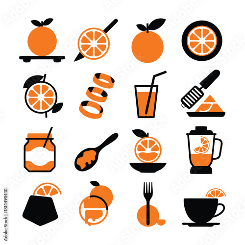 Orange icon set of food and drinks symbols for restaurant design illustration