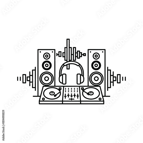 Minimalist line art icon of dj setup with turntable and headphone isolated on