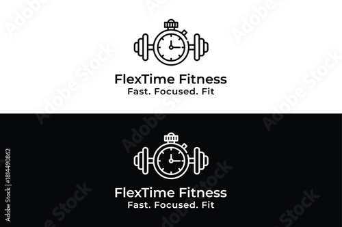 Modern flextime fitness logo design with barbell and clock for dynamic workout programs and efficient gym promotions