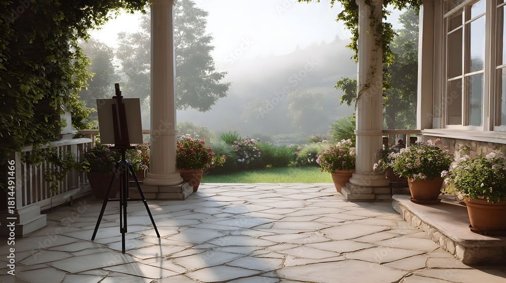 Fototapeta premium s easel on a stone veranda overlooks a serene misty garden and rolling hills at sunrise