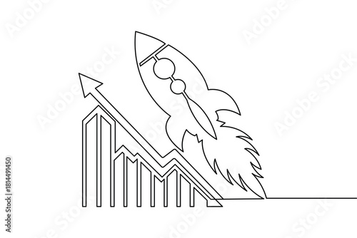 One line rocket illustration showing simple spacecraft launch for creative minimal concepts