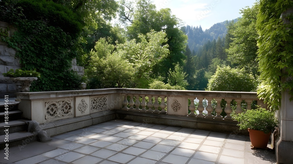Obraz premium Stone terrace with ornate balustrades and a scenic view of lush green mountains and forests on a clear day