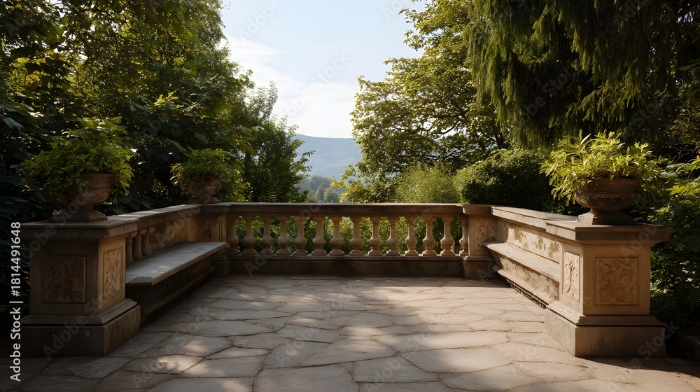 Obraz premium Serene stone terrace with ornate carvings overlooking a lush green landscape and distant hills