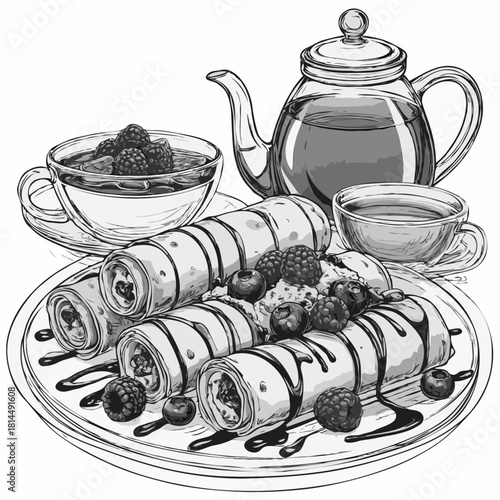 Elegant monochrome sketch of rolled pancakes with chocolate drizzle, fresh berries, and a glass teapot. Perfect for culinary blogs, menus, or cozy breakfast themes. Unique, detailed line art style.