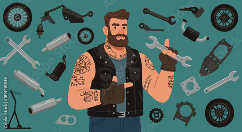 Confident tattooed mechanic in biker vest holds wrench amidst floating car parts. Bold vector art for auto repair shops, garage branding, or automotive industry. 