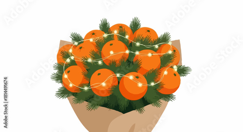 Vibrant bouquet of fresh mandarins nestled in evergreen branches, wrapped in paper and adorned with warm fairy lights. Perfect for New Year's gifts, festive food blogs, or holiday packaging.