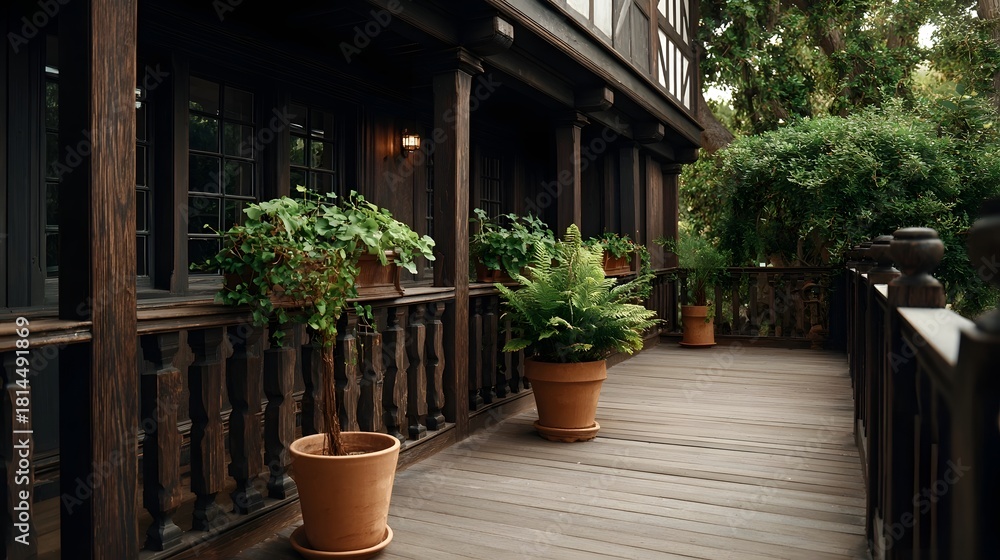 Fototapeta premium A rustic wooden veranda with potted green plants and ornate railings adjacent to a dark timber house exterior