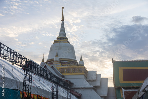 A large white pagoda with evening light