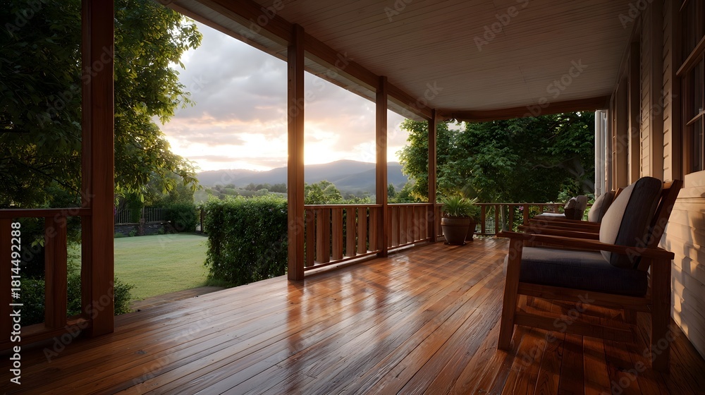Obraz premium Polished wooden veranda with chairs overlooks a serene mountain landscape at golden hour sunrise