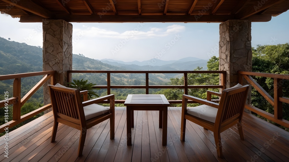 Naklejka premium Wooden veranda with chairs and table overlooking a serene mountain landscape
