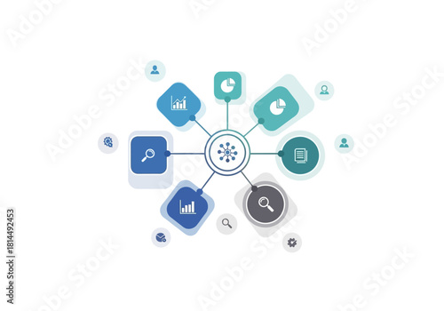 Creative infographic diagram with interconnected elements and icons illustrating a business strategy and analysis