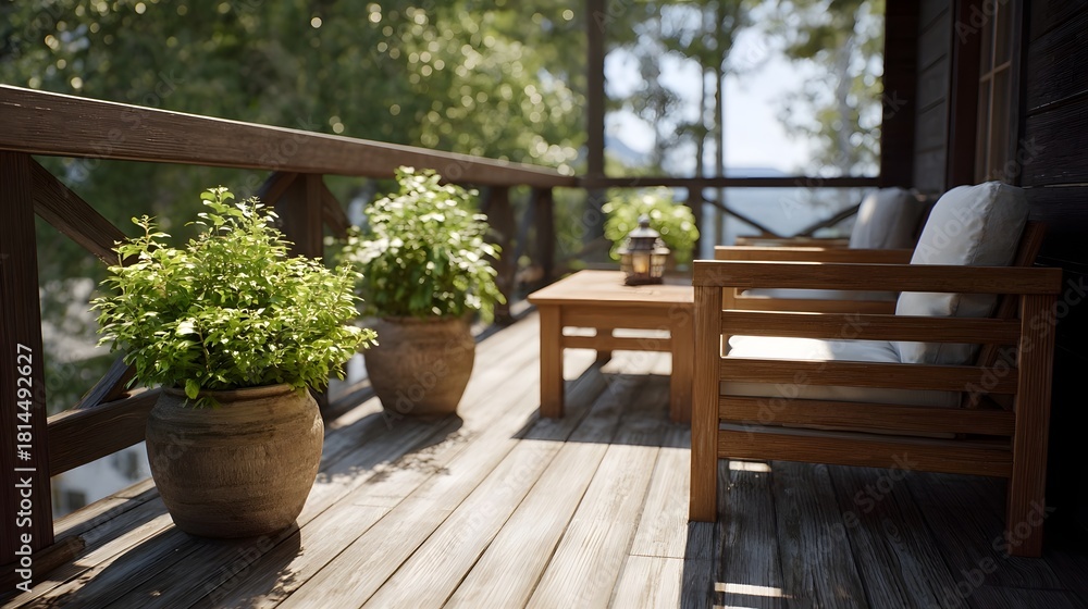 Fototapeta premium A serene wooden porch with potted plants and outdoor furniture overlooks a tranquil lake under the midday sun