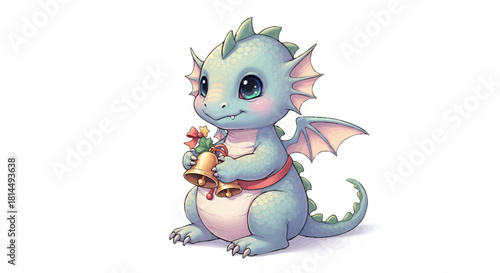 Adorable little blue dragon with big eyes sitting and holding golden holiday bells. Detailed and smooth vector character illustration for Christmas