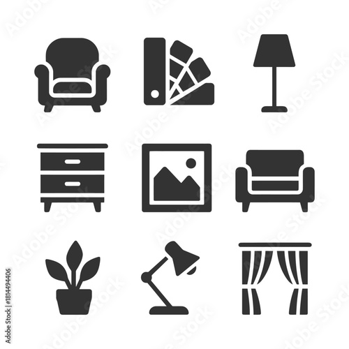 Home furniture and decor icons: lamp, armchair, plant, curtains, design palette.