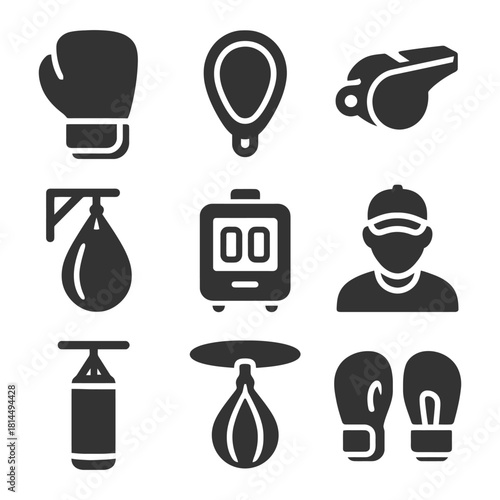Boxing equipment and coaching icons set featuring gloves, punching bags, whistle, timer, and male trainer.