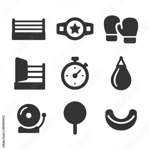 Boxing equipment icons: ring, belt, gloves, and more in bold black design.