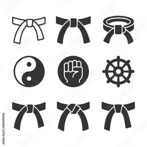 Martial arts symbols and belt icons including yin yang, fist, and wheel.