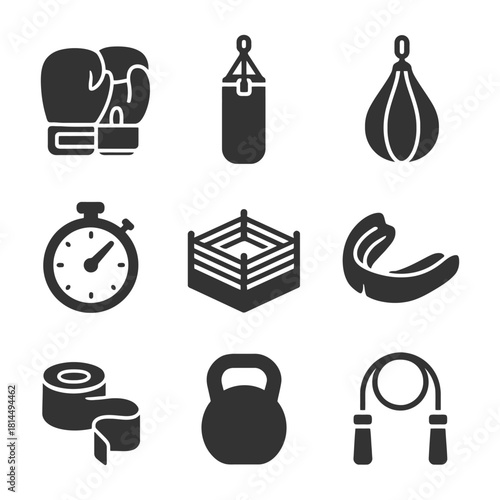 Boxing equipment icons: gloves, speed bag, ring, timer, and more.