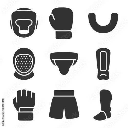 Boxing and martial arts protective gear icons set.