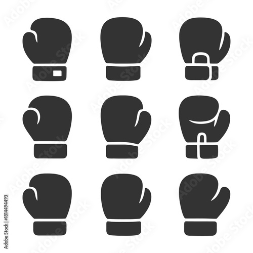Set of nine black boxing glove icons in various styles.