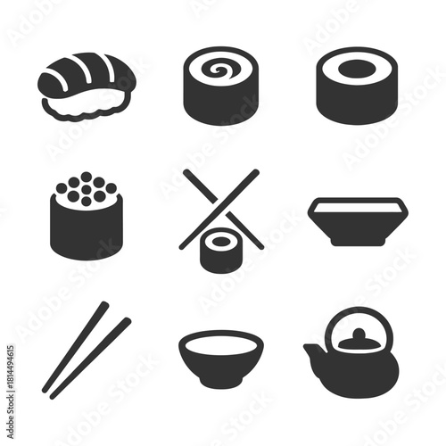 Sushi icon set: nigiri, rolls, chopsticks, bowls, teapot silhouettes.
