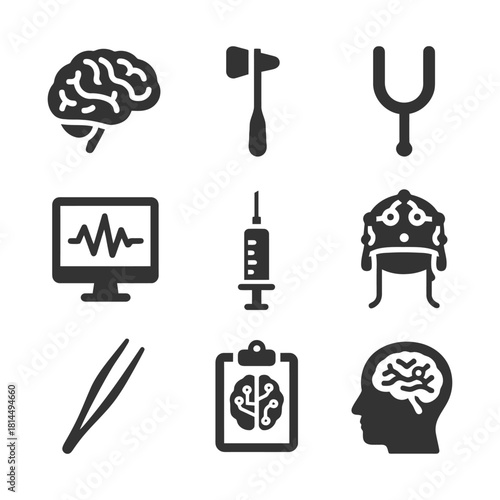 Neuroscience icons set with brain, eeg, syringe, and tools.