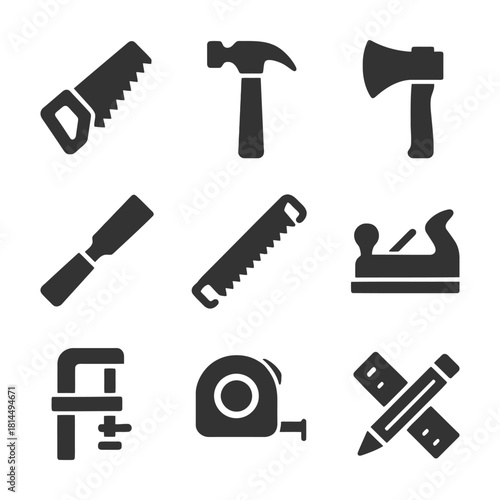 Tool icons set: saw, hammer, axe, chisel, clamp, tape, plane.