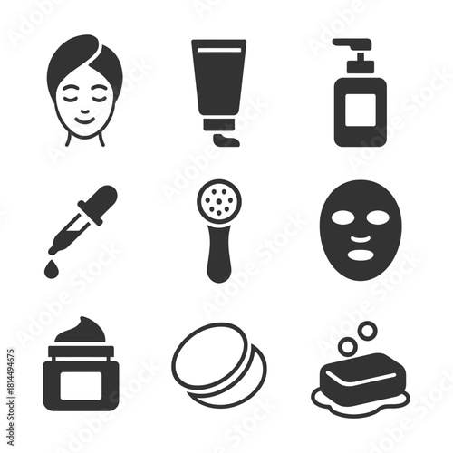 Skincare icons: creams, masks, soap, beauty tools, drops.
