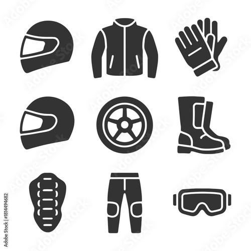 Motorcycle gear set: helmet, jacket, gloves, boots, wheel, pants, goggles, spine protector.