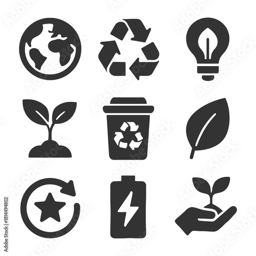 Recycling and eco icons: earth, light bulb, leaf, battery, and more.