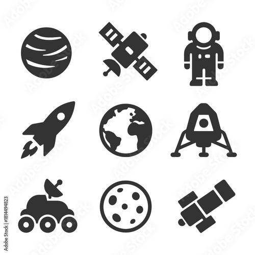 Space icons: planets, satellites, astronaut, rocket, earth, moon, spacecraft, rover.