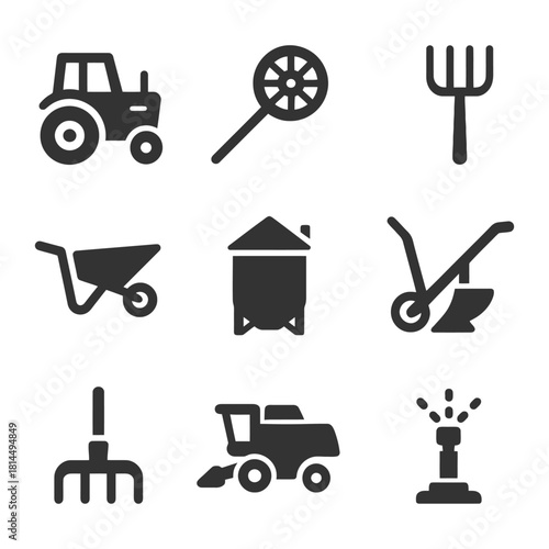 Agricultural equipment icons set featuring tractor, wheelbarrow, and farm tools.