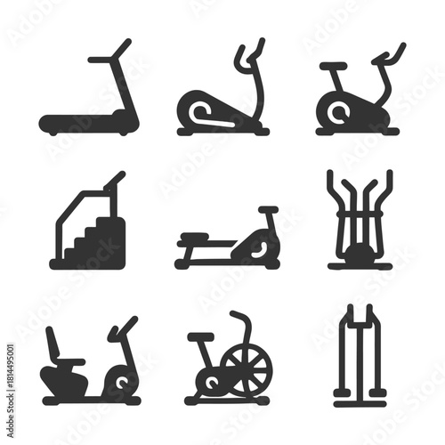Set of nine fitness equipment icons: treadmill, exercise bike, stair stepper, elliptical.