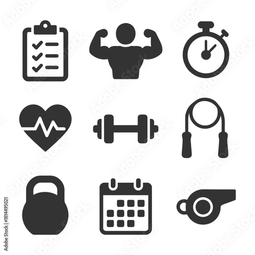 Fitness icons: strongman, stopwatch, heartbeat, dumbbell, jump rope, kettlebell, calendar, whistle.