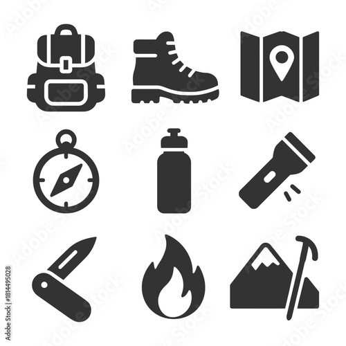 Camping icon set: backpack, hiking boot, map, compass, water bottle, flashlight, knife, fire, mountain.
